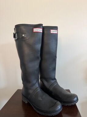 Hunter Black Knee-High Rain Boots with Adjustable Buckle